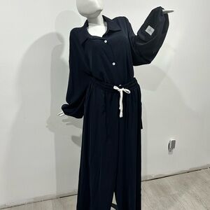 Navy Button-Up Jumpsuit with Drawstring Waist